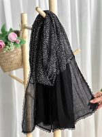 شال وارداتی سوپرنخ برشکا حاشیه گیپور  سفید مشکی - Image 2